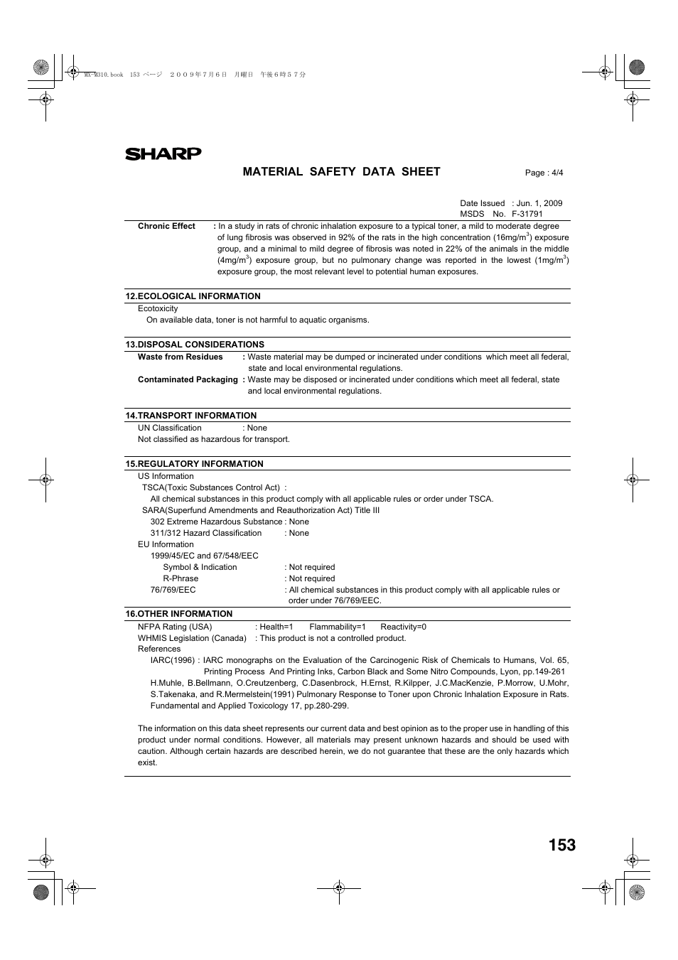 Material safety data sheet | Sharp TINSE2026QSZZ User Manual | Page 155 / 168