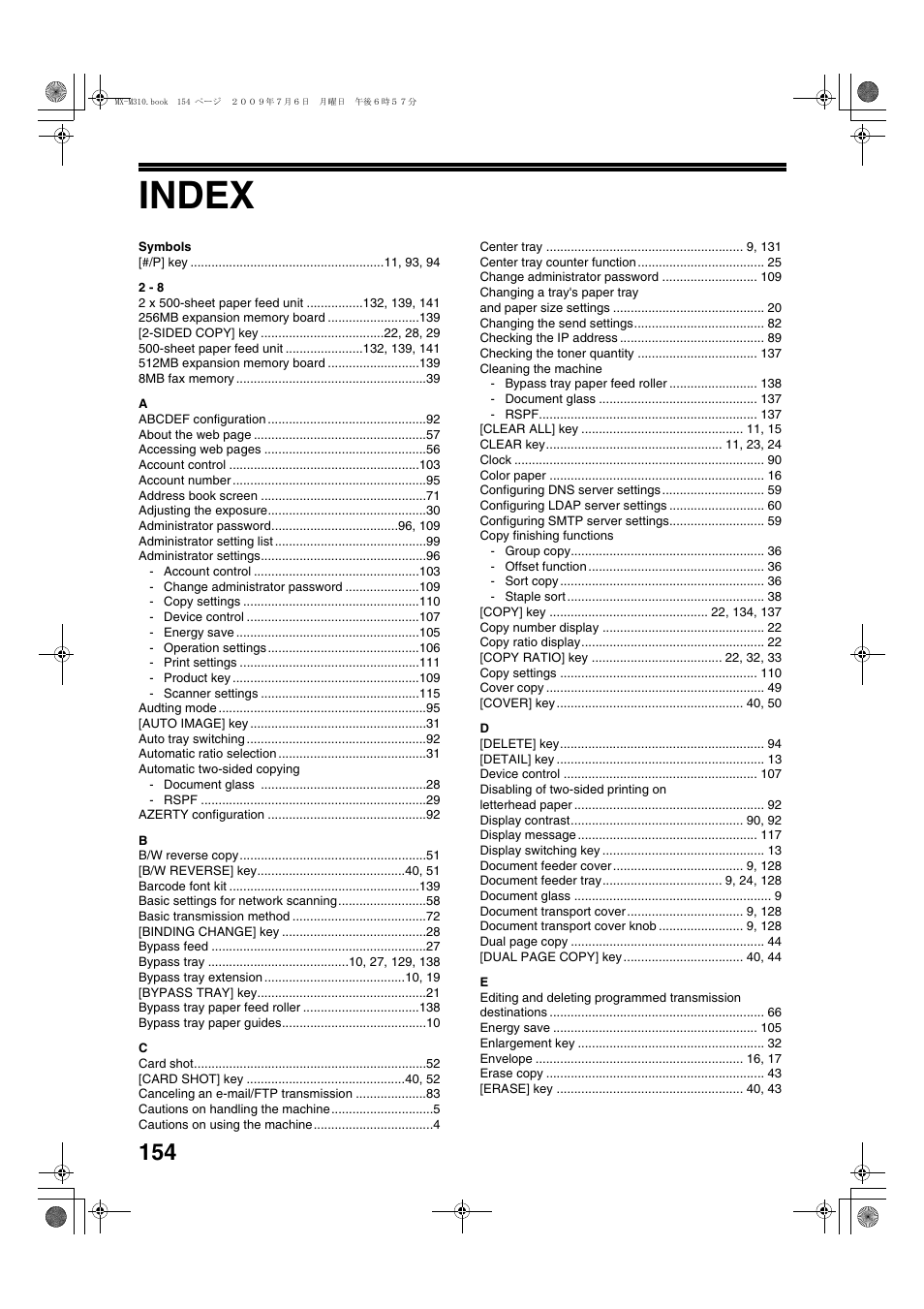 Index | Sharp TINSE2026QSZZ User Manual | Page 156 / 168