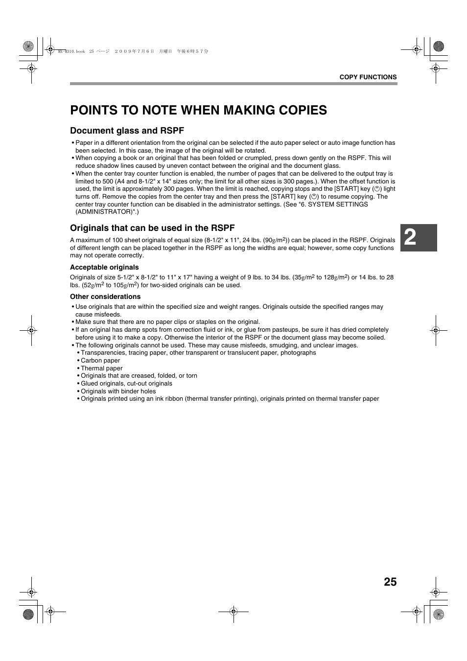 Document glass and rspf, Originals that can be used in the rspf | Sharp TINSE2026QSZZ User Manual | Page 27 / 168