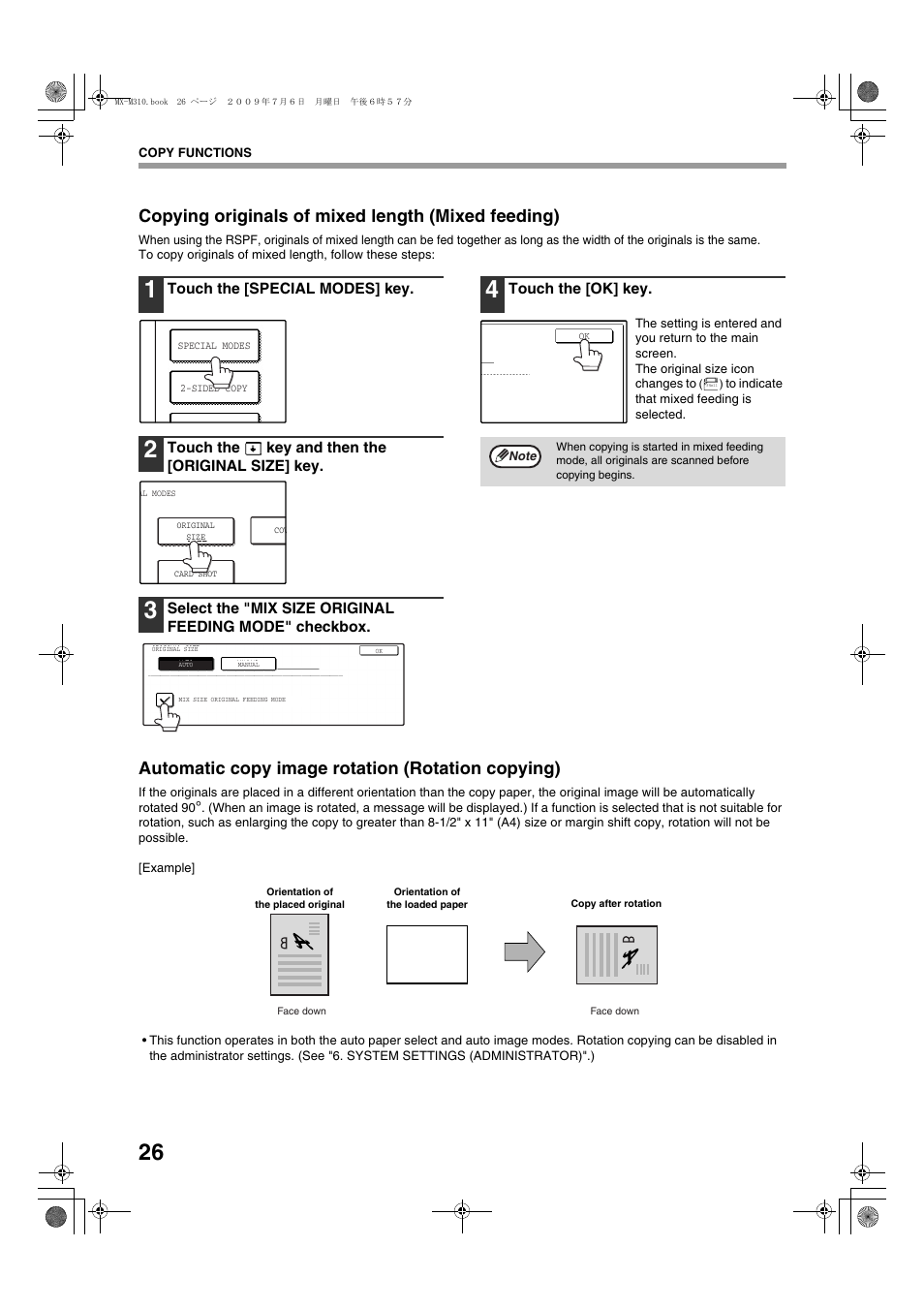 Copying originals of mixed length (mixed feeding), Automatic copy image rotation (rotation copying) | Sharp TINSE2026QSZZ User Manual | Page 28 / 168