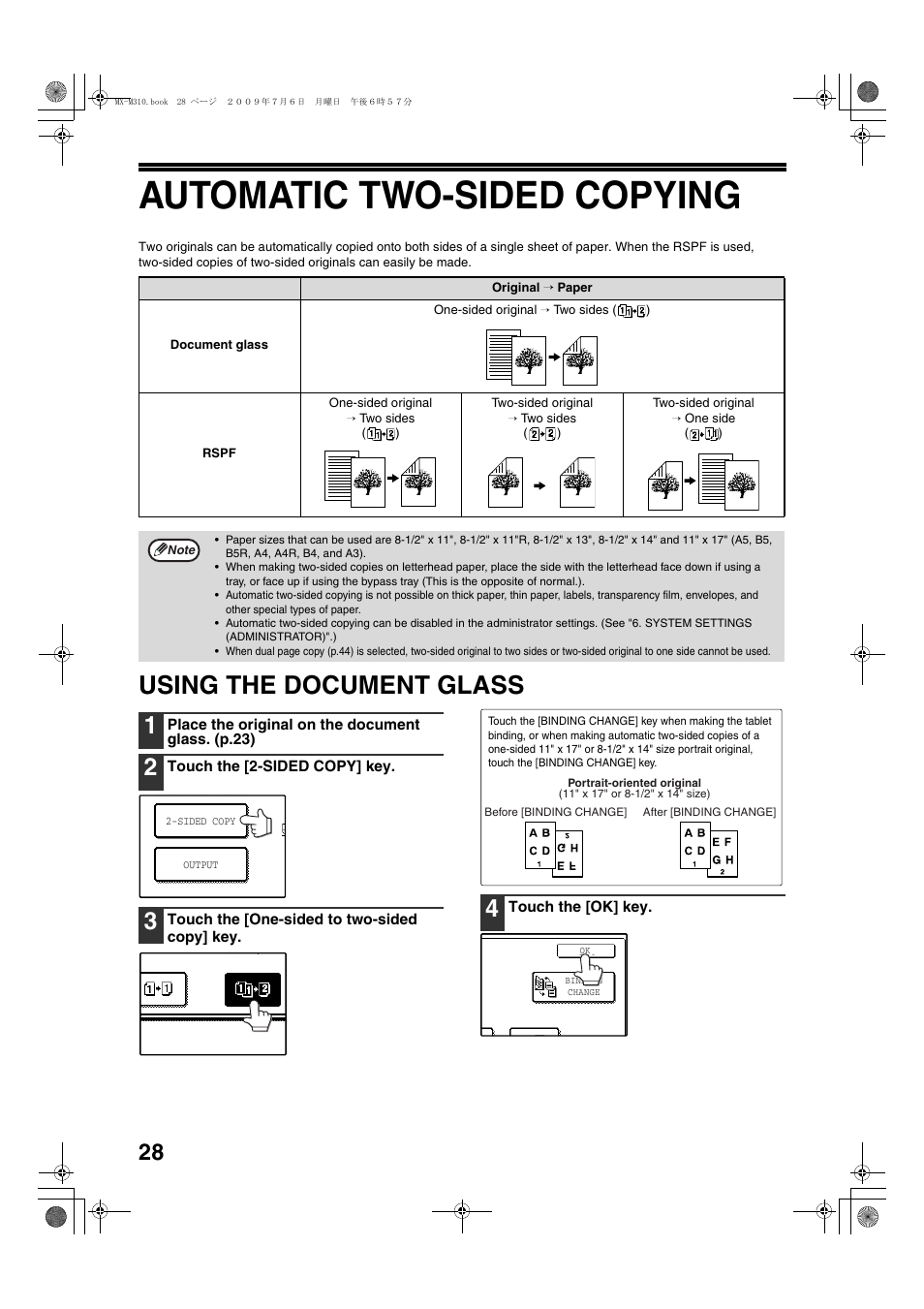 Automatic two-sided copying, Using the document glass | Sharp TINSE2026QSZZ User Manual | Page 30 / 168
