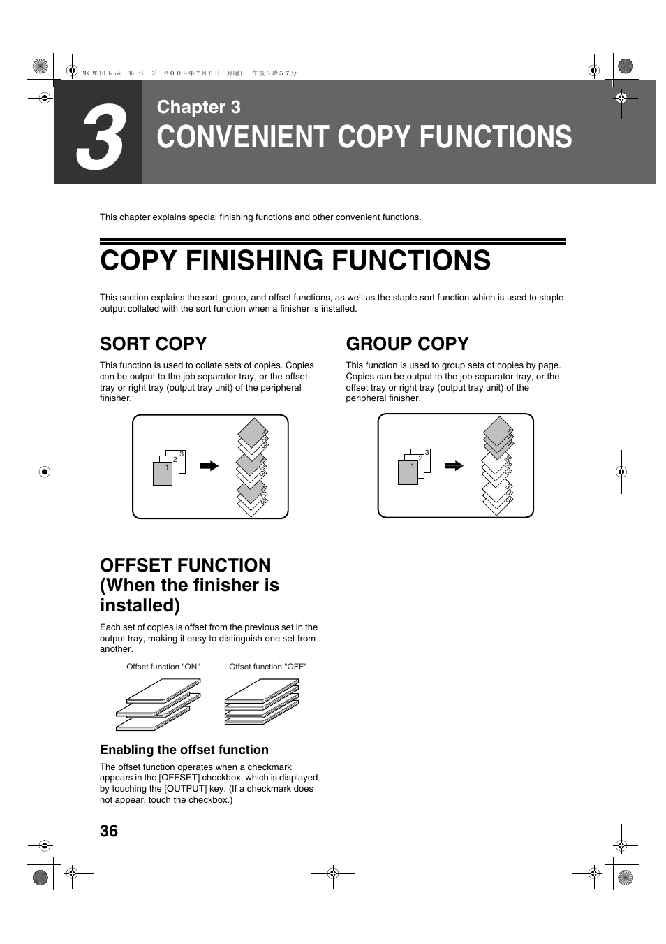 Convenient copy functions, Copy finishing functions, Chapter 3 | Sort copy, Group copy, Offset function (when the finisher is installed) | Sharp TINSE2026QSZZ User Manual | Page 38 / 168