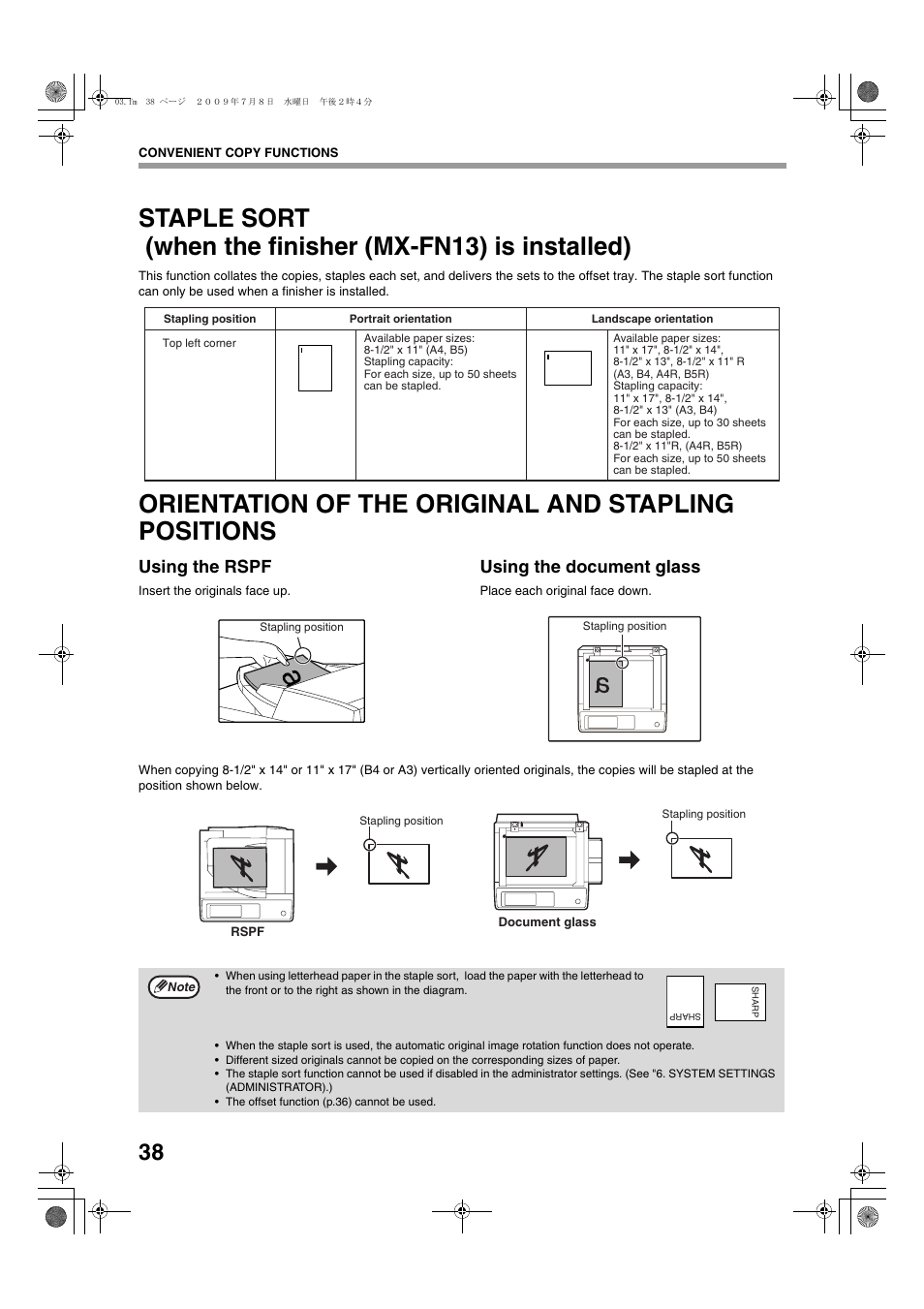 Orientation of the original and stapling positions, Using the rspf, Using the document glass | Sharp TINSE2026QSZZ User Manual | Page 40 / 168