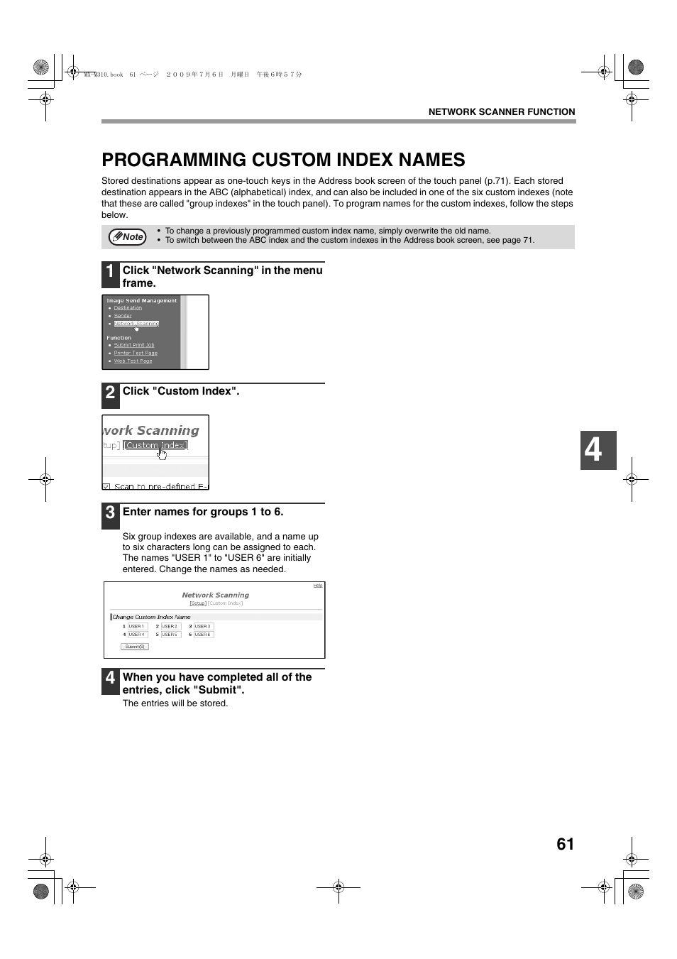 Programming custom index names | Sharp TINSE2026QSZZ User Manual | Page 63 / 168