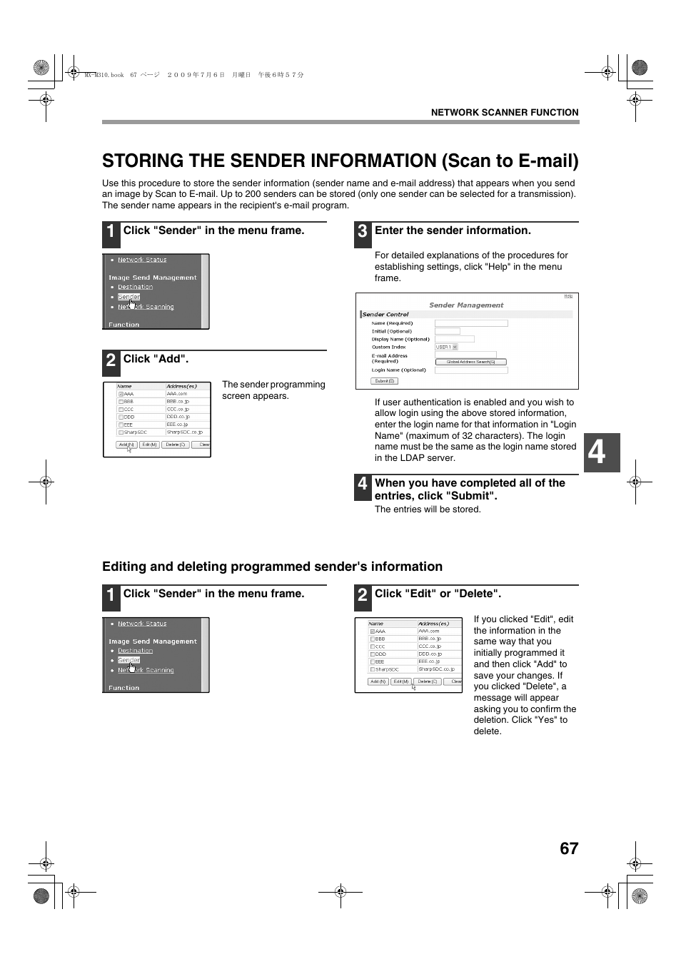 Storing the sender information (scan to e-mail) | Sharp TINSE2026QSZZ User Manual | Page 69 / 168