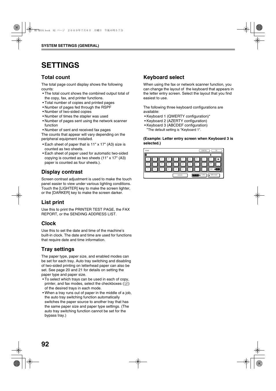Settings, Total count, Display contrast | List print, Clock, Tray settings, Keyboard select | Sharp TINSE2026QSZZ User Manual | Page 94 / 168
