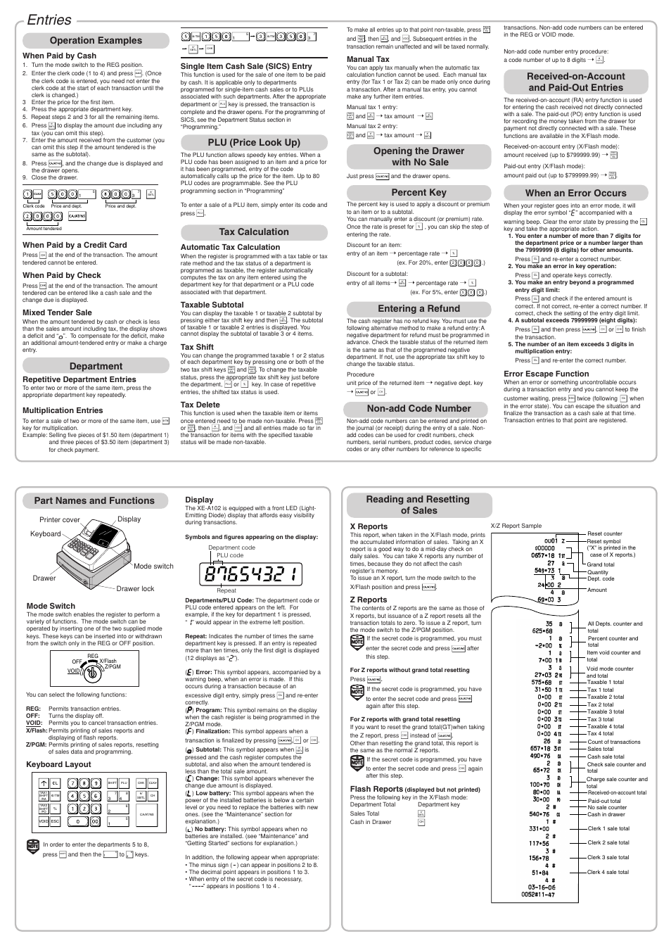 Entries, Received-on-account and paid-out entries, Plu (price look up) | Tax calculation, Operation examples, Reading and resetting of sales, When an error occurs, Department, Opening the drawer with no sale, Percent key | Sharp Electronic Cash Register XE-A102 User Manual | Page 2 / 6