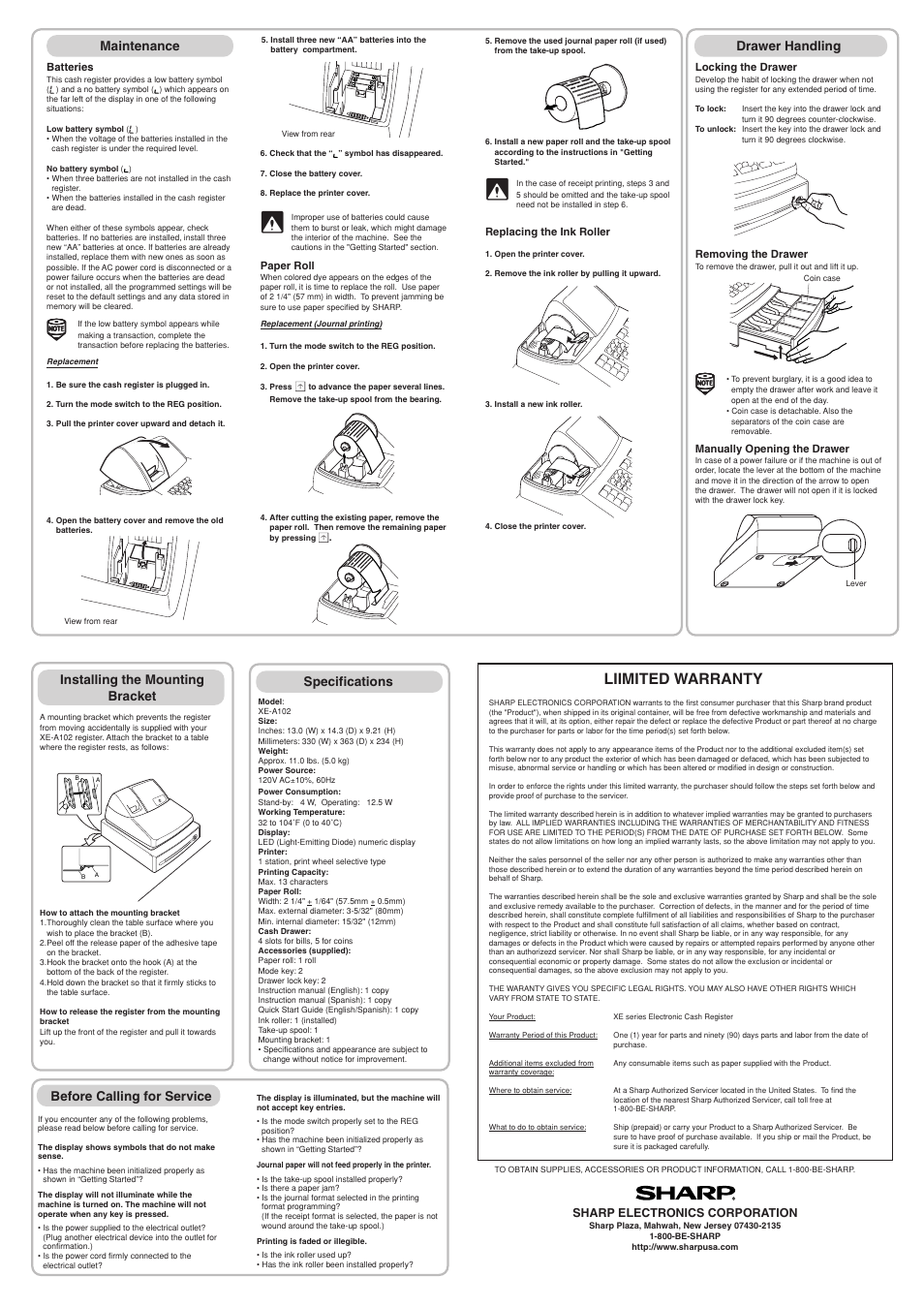 Liimited warranty, Maintenance, Drawer handling | Installing the mounting bracket, Specifications, Before calling for service | Sharp Electronic Cash Register XE-A102 User Manual | Page 4 / 6