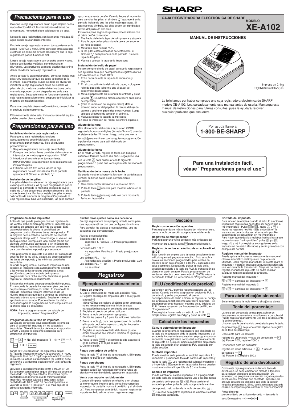 Xe-a102, 800-be-sharp, Registros | Precauciones para el uso, Preparaciones para el uso, Sección, Plu (codificación de precios), Cálculo de los impuestos, Para abrir el cajón sin venta, Tecla del porcentaje | Sharp Electronic Cash Register XE-A102 User Manual | Page 5 / 6