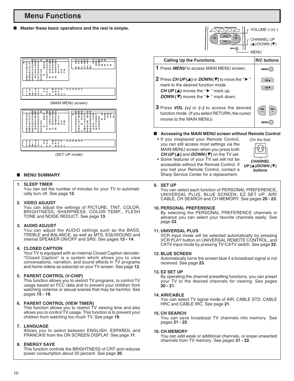 Menu functions | Sharp 32N-S500 User Manual | Page 10 / 40