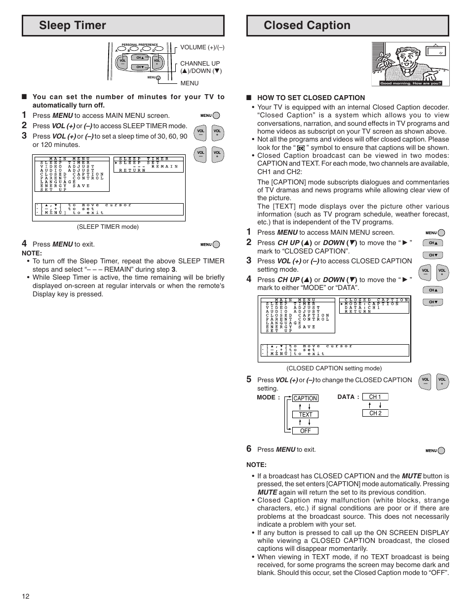 Sleep timer closed caption | Sharp 32N-S500 User Manual | Page 12 / 40