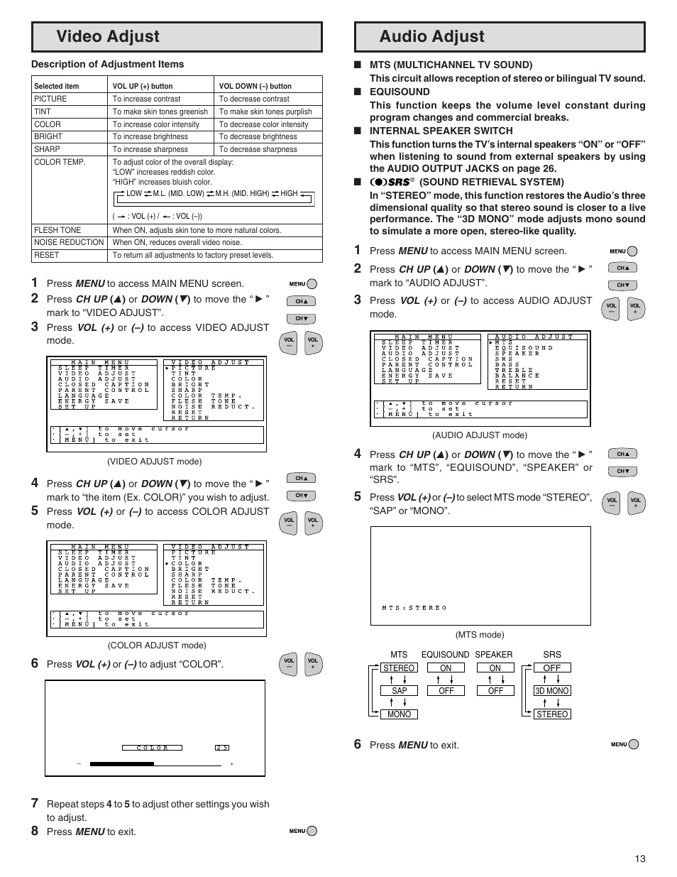 Video adjust, Audio adjust | Sharp 32N-S500 User Manual | Page 13 / 40