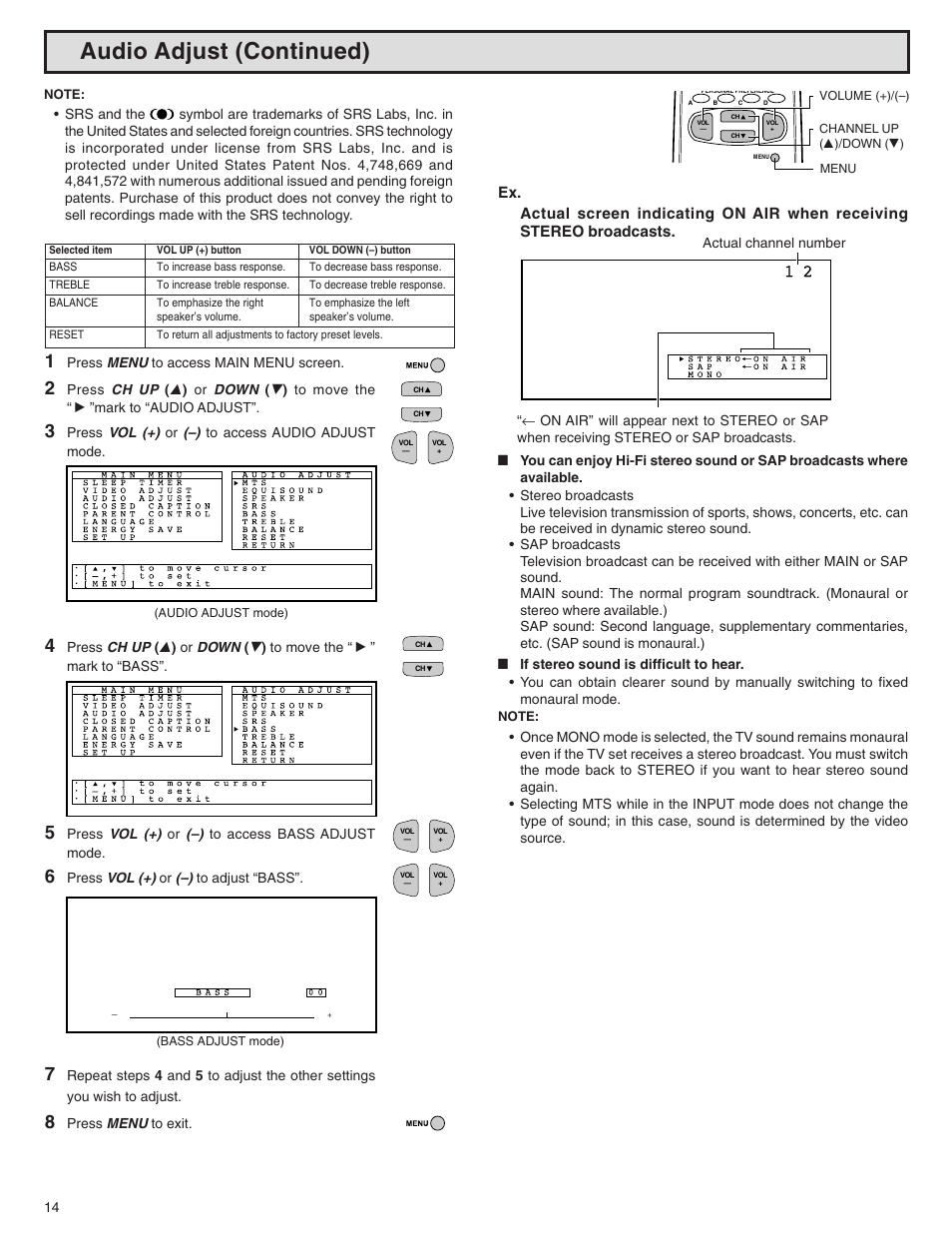 Audio adjust (continued) | Sharp 32N-S500 User Manual | Page 14 / 40