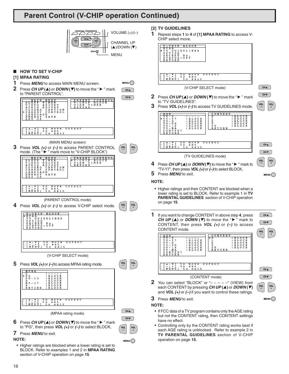 Parent control (v-chip operation continued) | Sharp 32N-S500 User Manual | Page 16 / 40