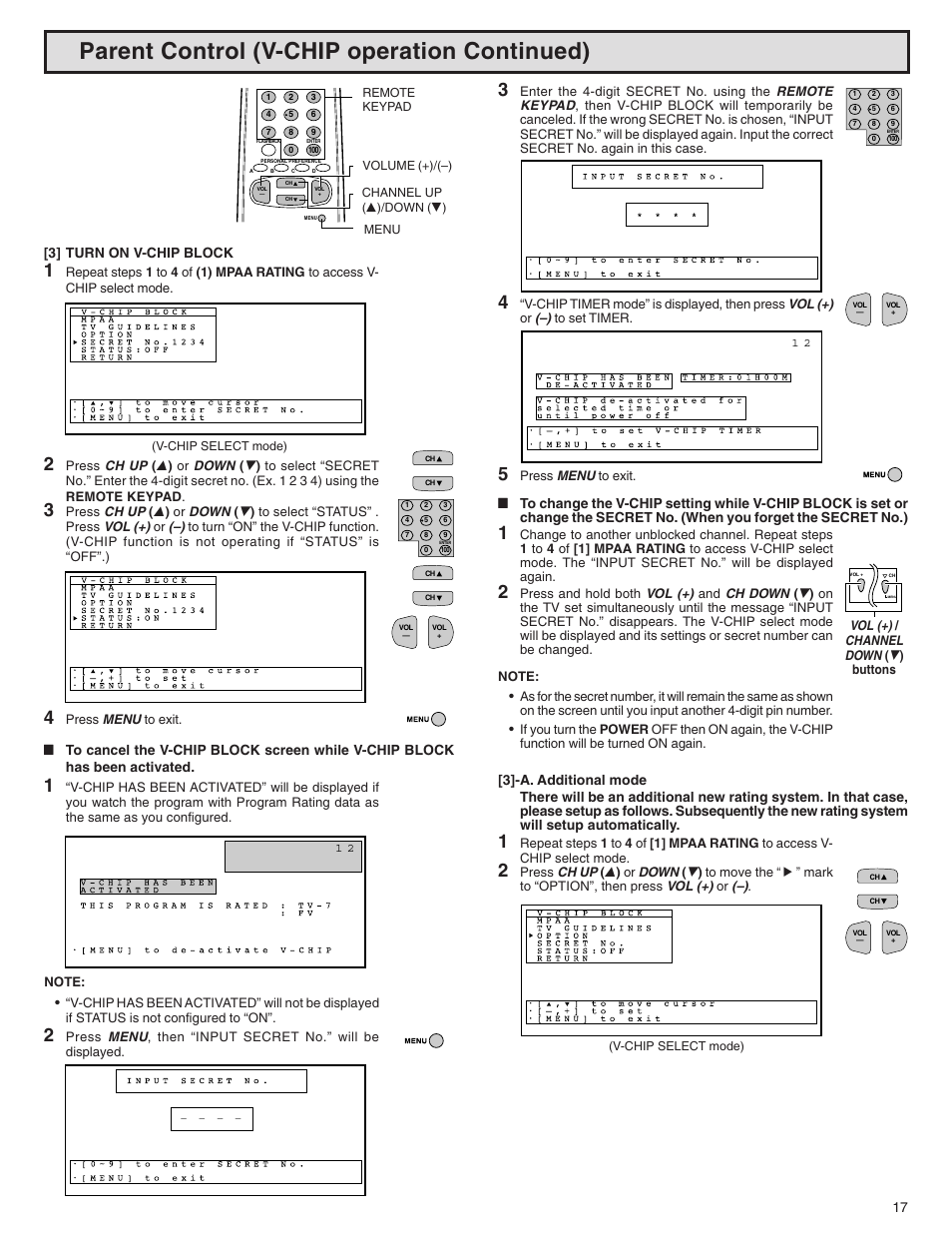 Parent control (v-chip operation continued) | Sharp 32N-S500 User Manual | Page 17 / 40