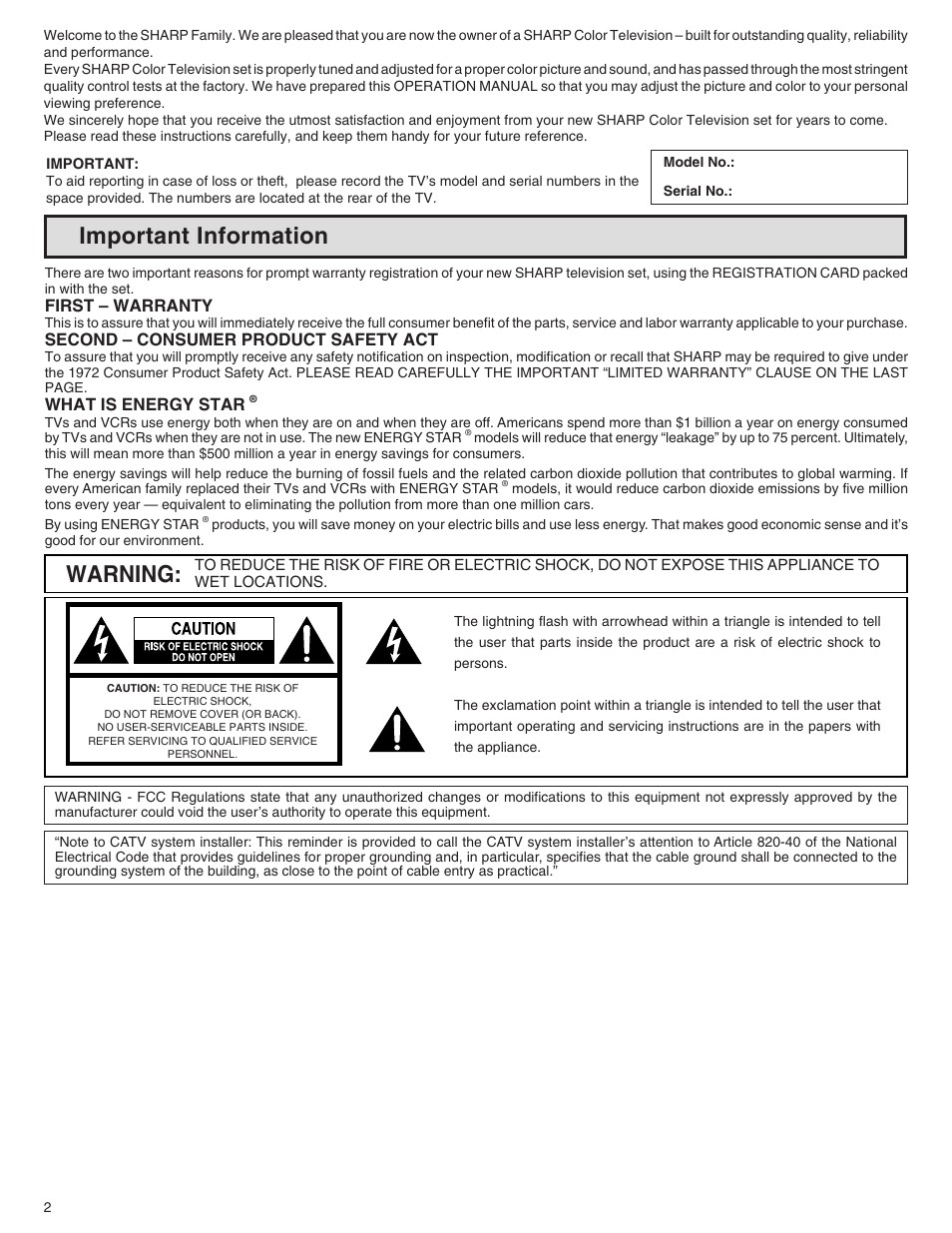 Important information, Warning, First – warranty | Second – consumer product safety act, What is energy star | Sharp 32N-S500 User Manual | Page 2 / 40