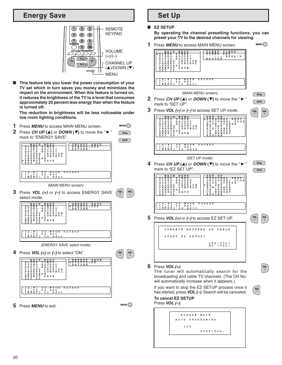 Set up energy save | Sharp 32N-S500 User Manual | Page 20 / 40