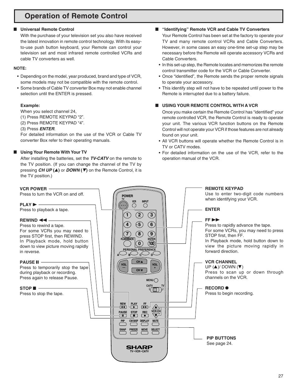 Operation of remote control | Sharp 32N-S500 User Manual | Page 27 / 40