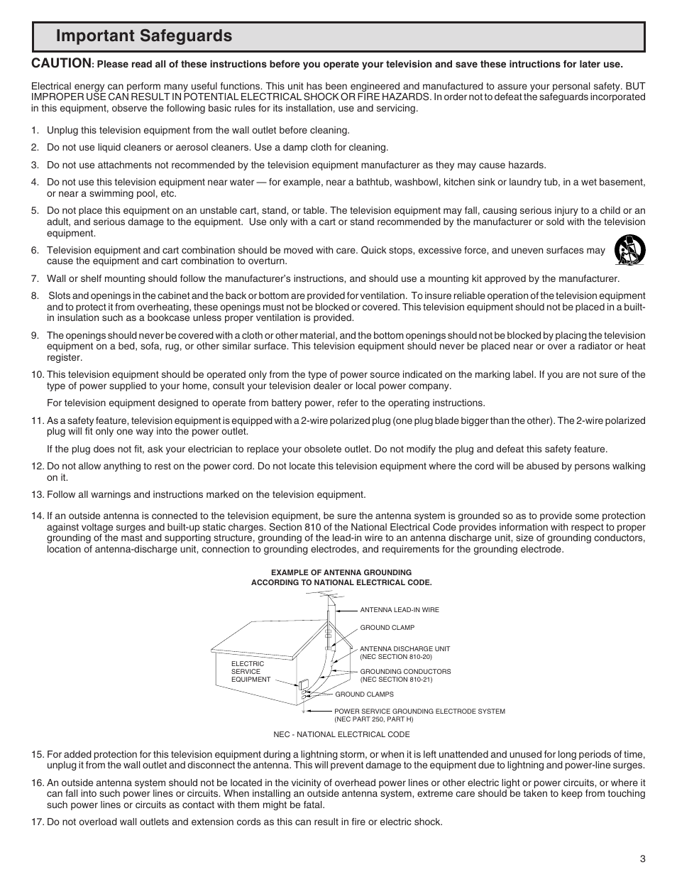 Important safeguards, Caution | Sharp 32N-S500 User Manual | Page 3 / 40