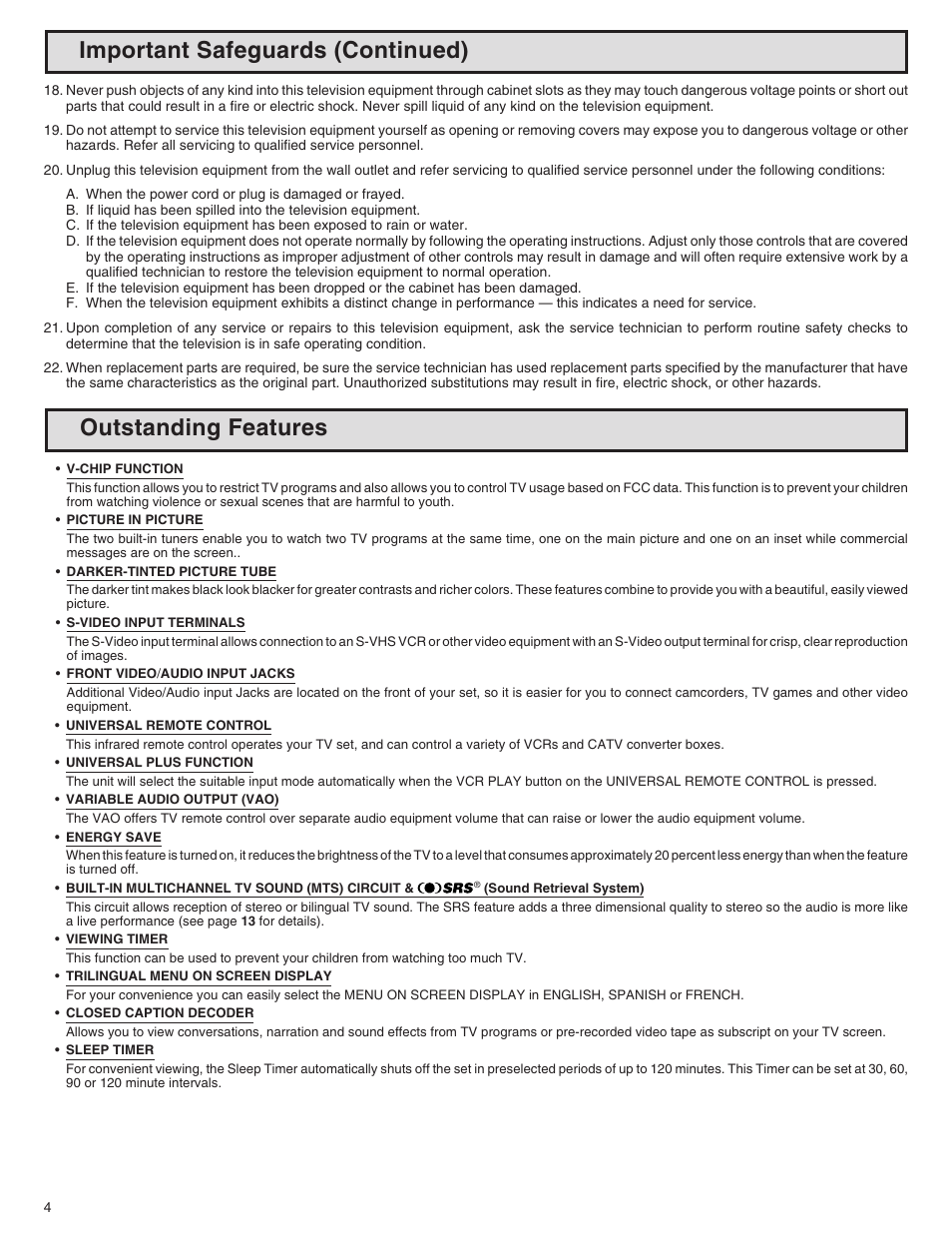 Important safeguards (continued), Outstanding features | Sharp 32N-S500 User Manual | Page 4 / 40