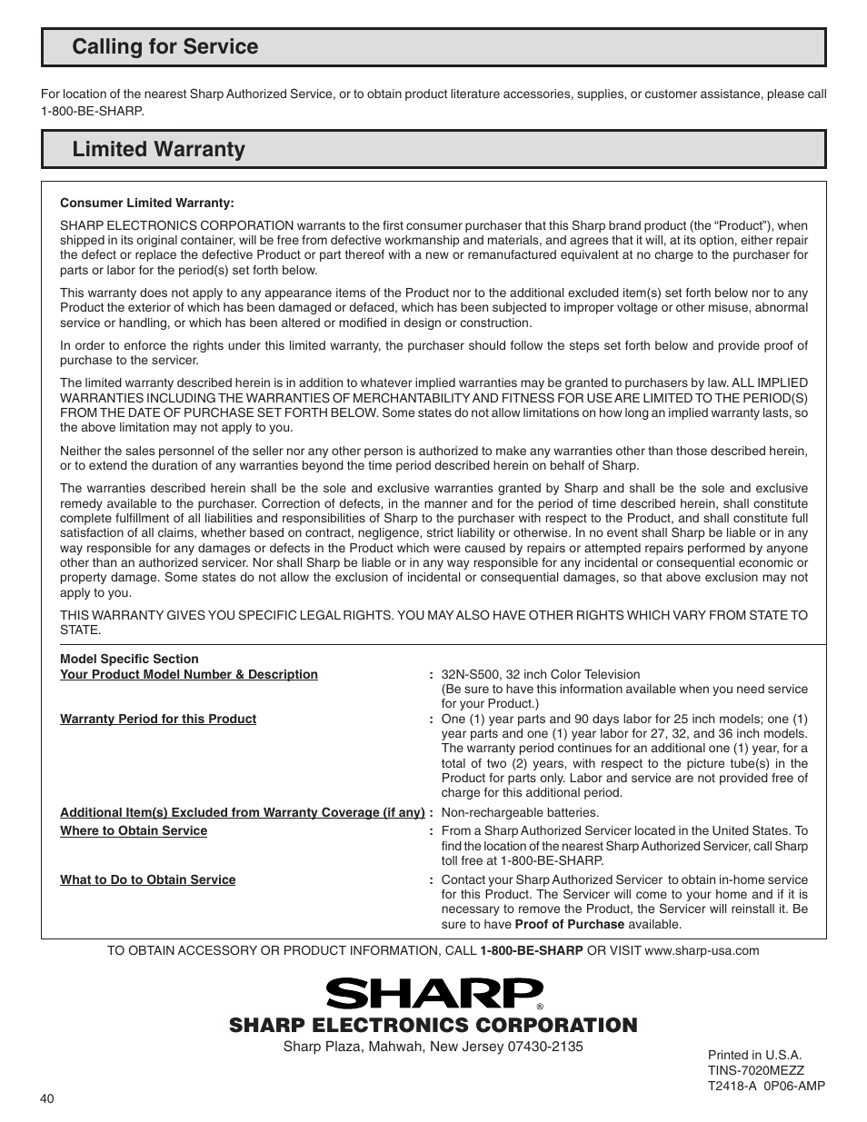 Limited warranty, Calling for service, Sharp electronics corporation | Sharp 32N-S500 User Manual | Page 40 / 40