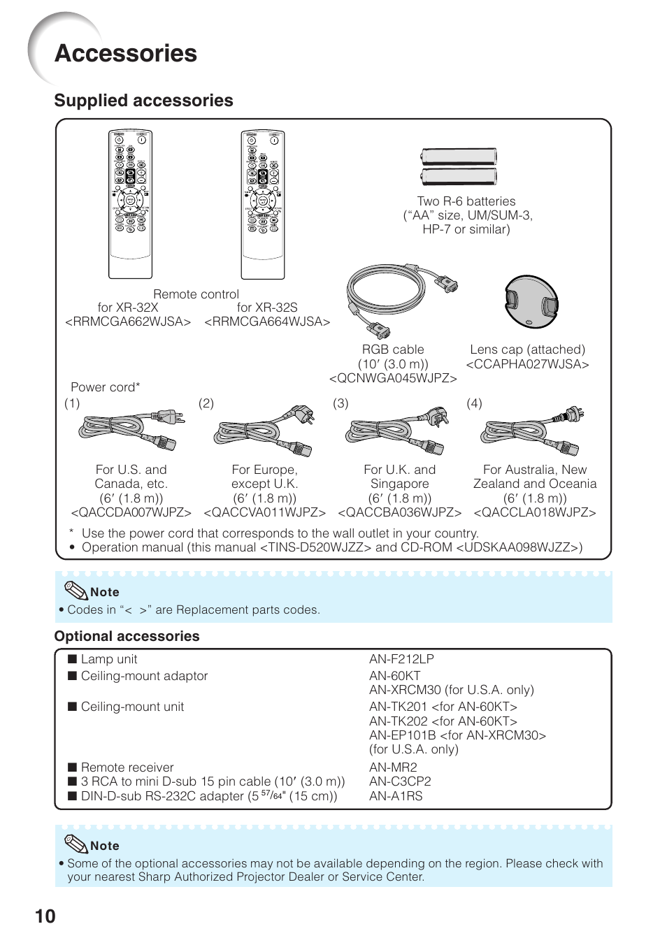 Accessories, Supplied accessories | Sharp Notevision XR-32X User Manual | Page 14 / 73