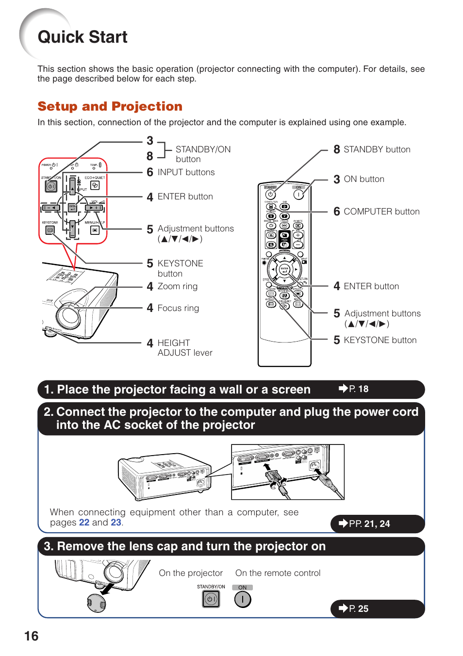 Quick start, Setup and projection | Sharp Notevision XR-32X User Manual | Page 20 / 73