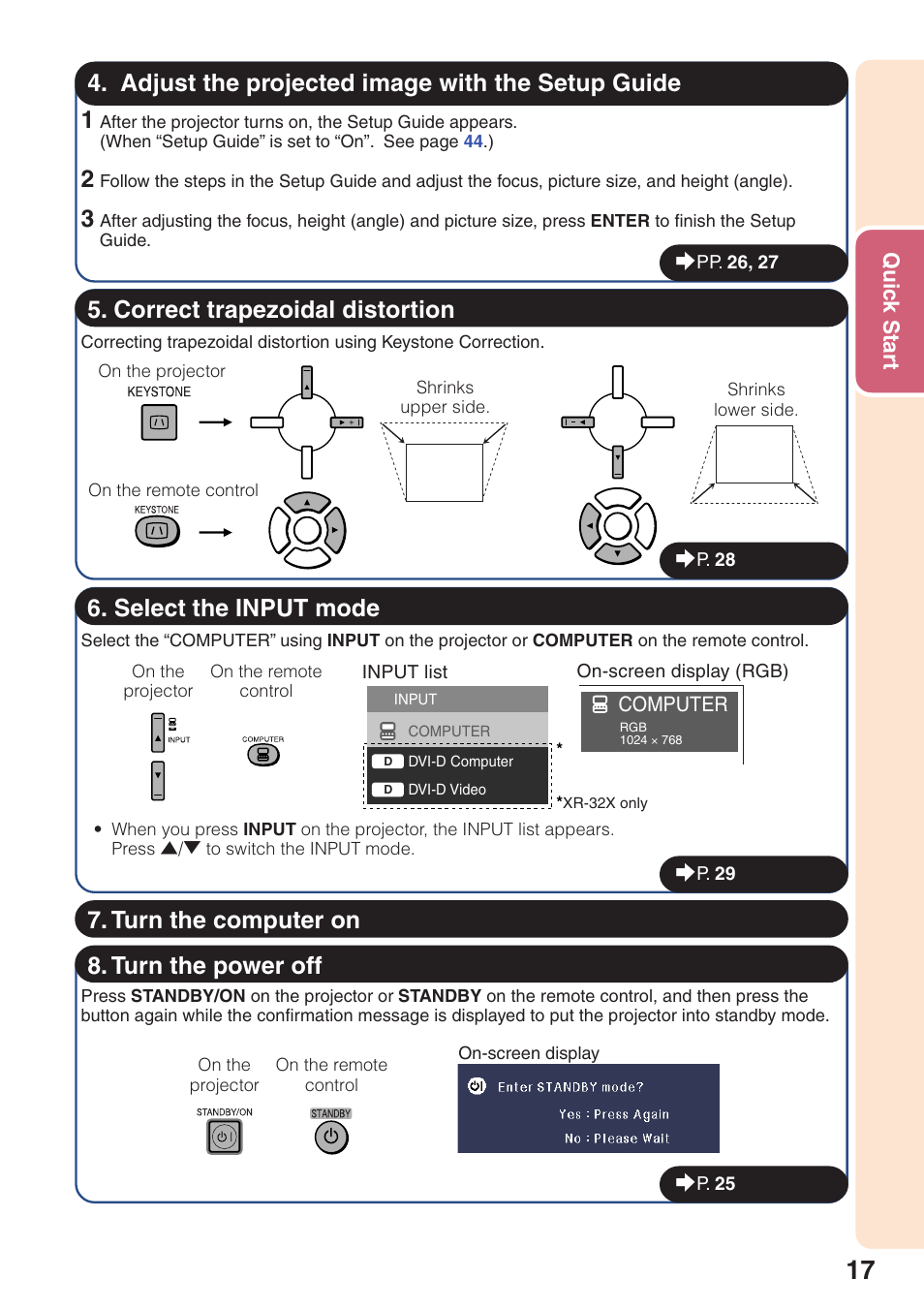 Adjust the projected image with the setup guide, Select the input mode, Turn the computer on | Sharp Notevision XR-32X User Manual | Page 21 / 73