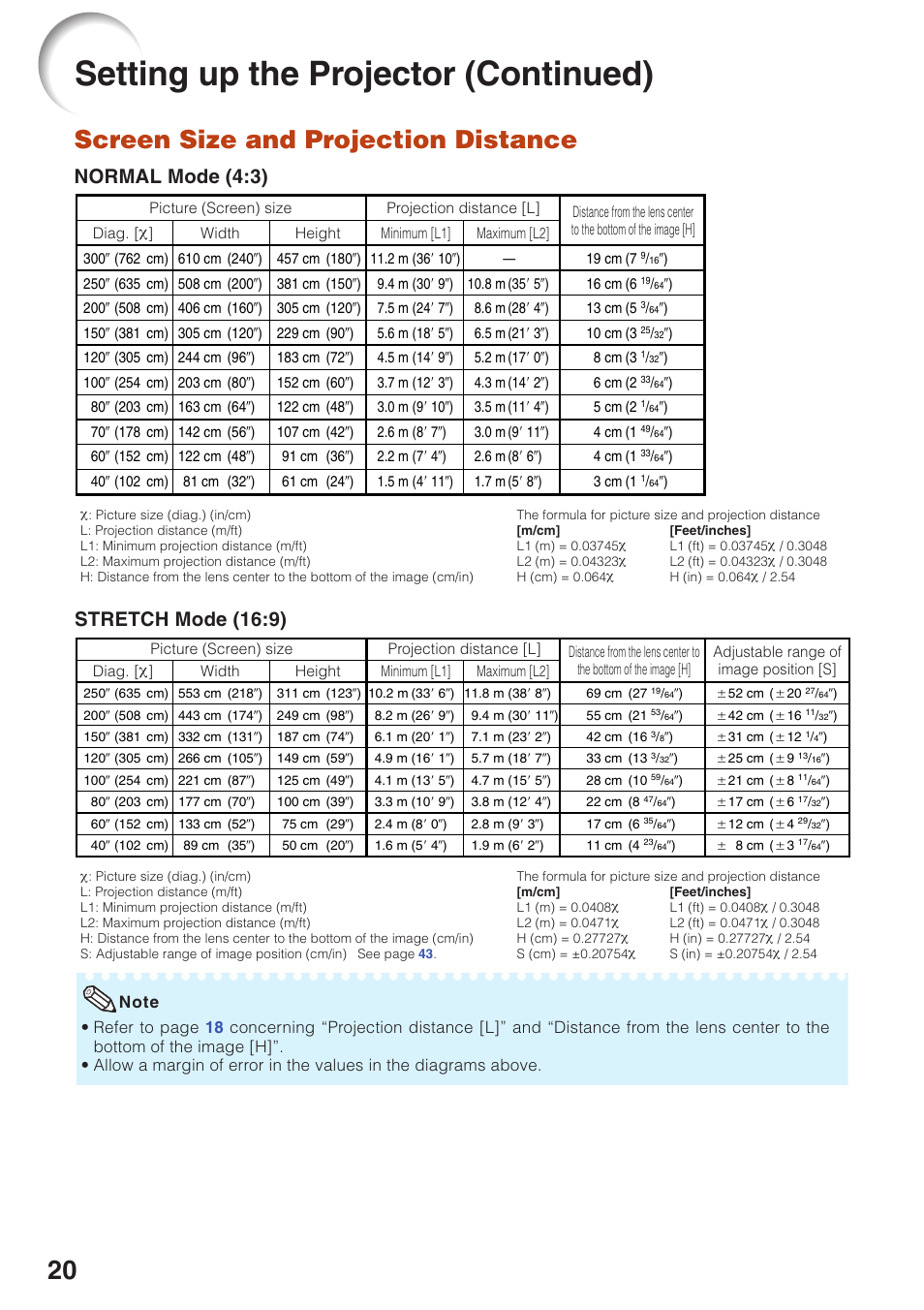 Setting up the projector (continued), Screen size and projection distance, Normal mode (4:3) | Stretch mode (16:9) | Sharp Notevision XR-32X User Manual | Page 24 / 73