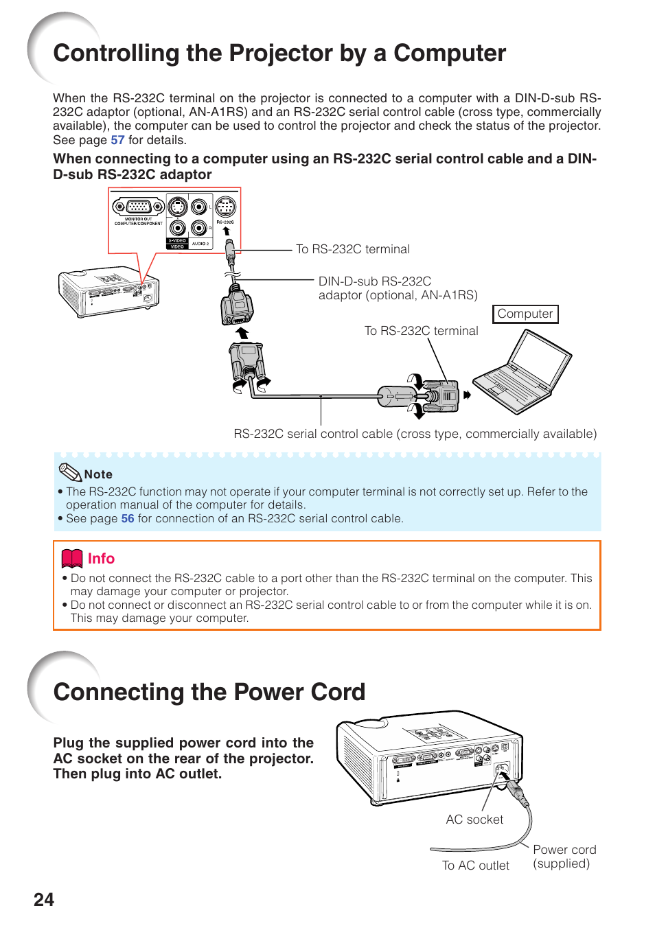 Connecting the power cord, Controlling the projector by a computer | Sharp Notevision XR-32X User Manual | Page 28 / 73