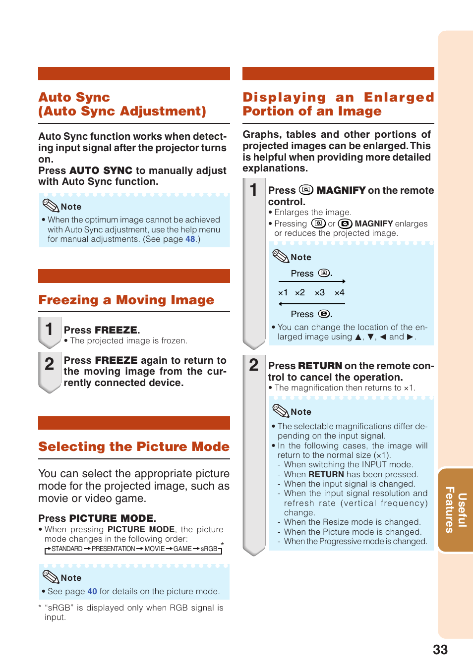 Selecting the picture mode, Displaying an enlar ged portion of an image | Sharp Notevision XR-32X User Manual | Page 37 / 73