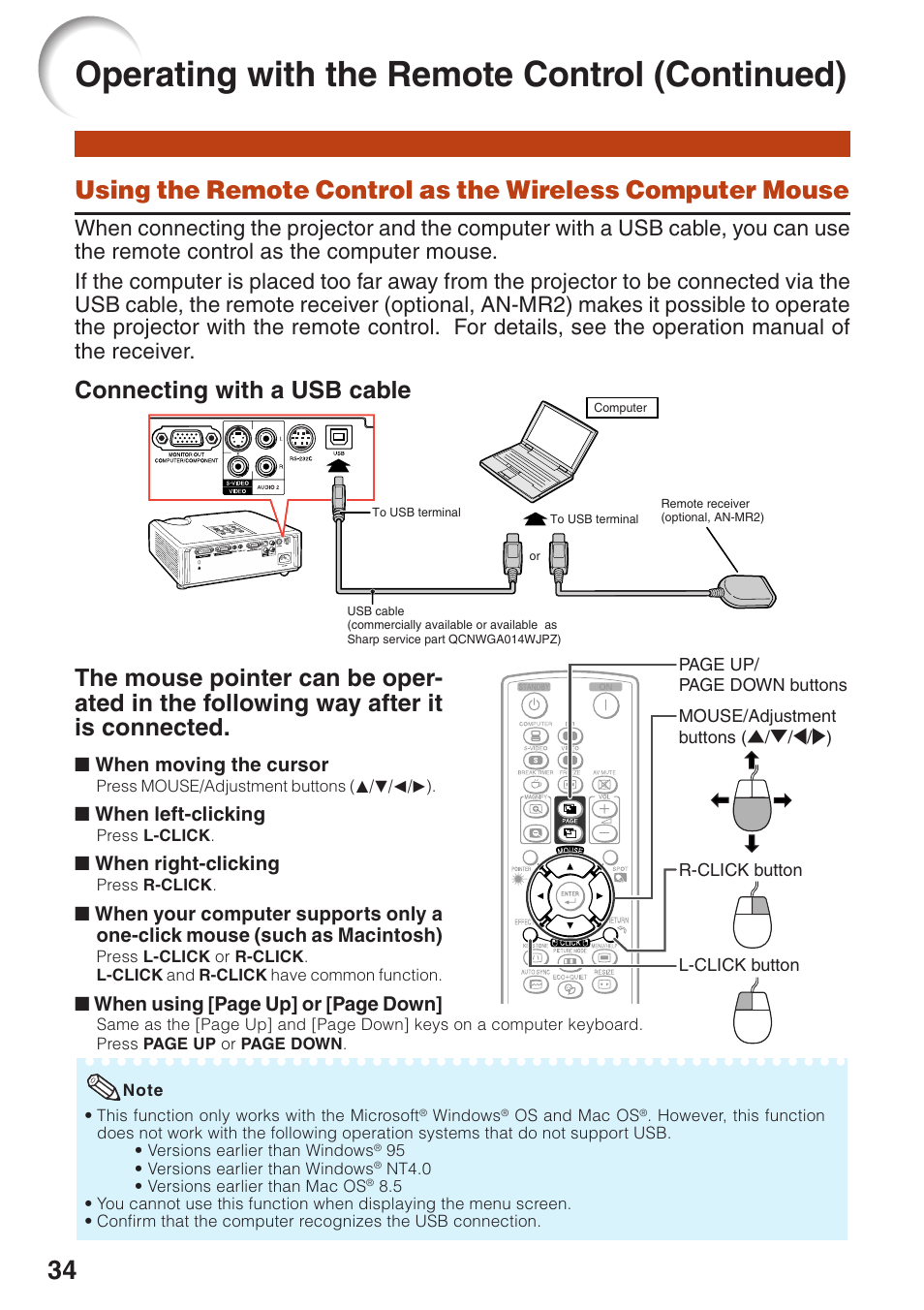 Operating with the remote control (continued), Connecting with a usb cable | Sharp Notevision XR-32X User Manual | Page 38 / 73