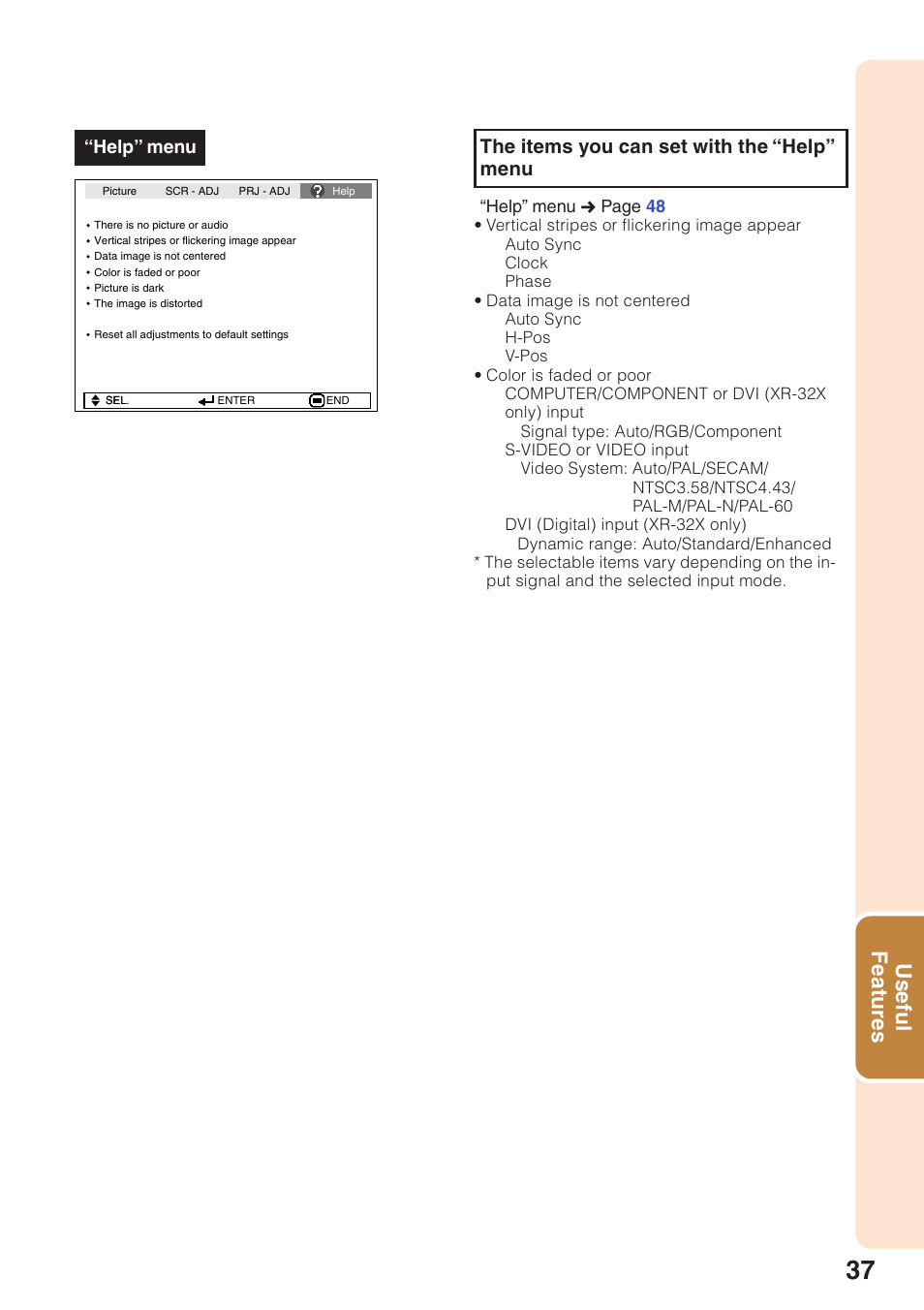 Useful features, The items you can set with the “help” menu, Help” menu | Sharp Notevision XR-32X User Manual | Page 41 / 73