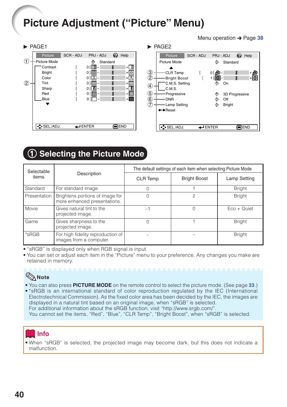 Picture adjustment (“picture” menu), 11 selecting the picture mode, Info | Sharp Notevision XR-32X User Manual | Page 44 / 73