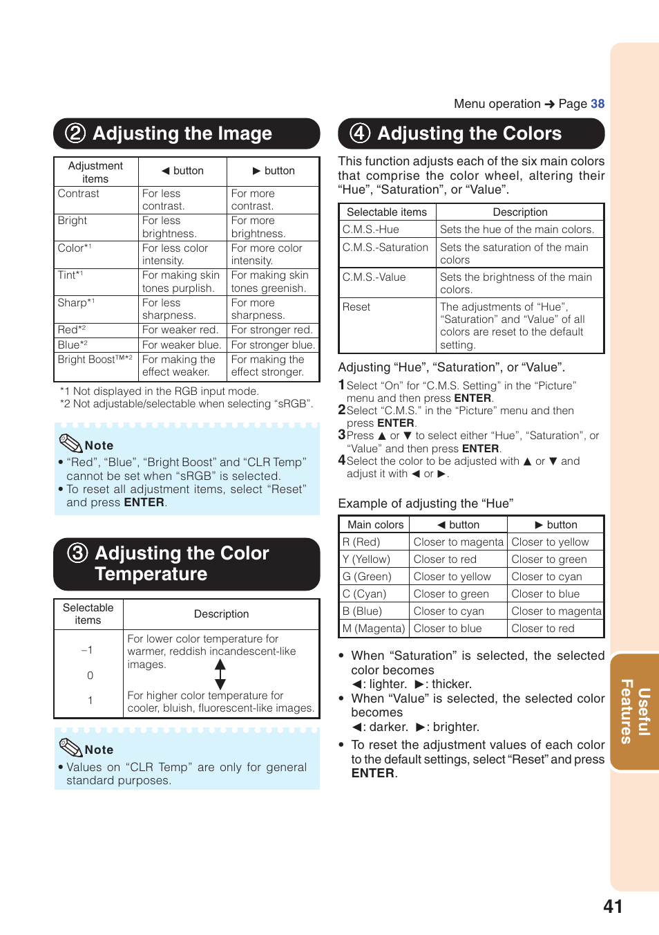 22 adjusting the image, 33 adjusting the color temperature, 44 adjusting the colors | Useful features | Sharp Notevision XR-32X User Manual | Page 45 / 73