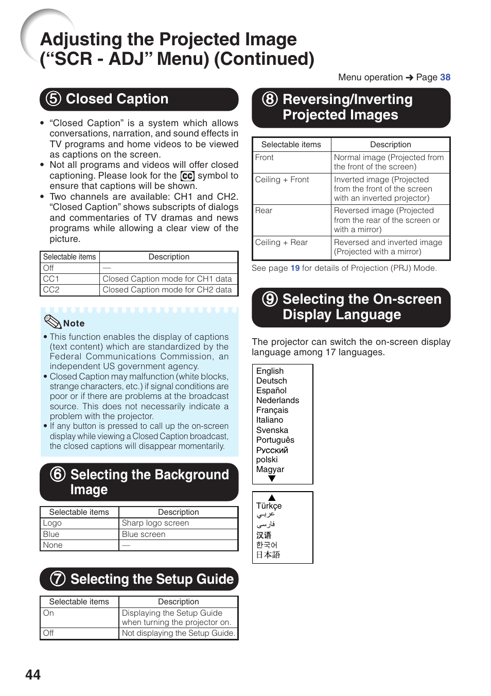 66 selecting the background image, 55 closed caption, 77 selecting the setup guide | Sharp Notevision XR-32X User Manual | Page 48 / 73