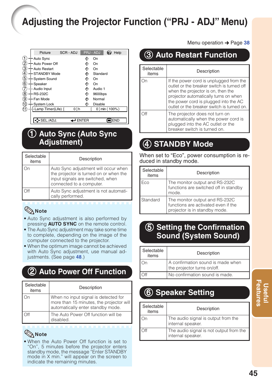 44 standby mode, Useful features | Sharp Notevision XR-32X User Manual | Page 49 / 73