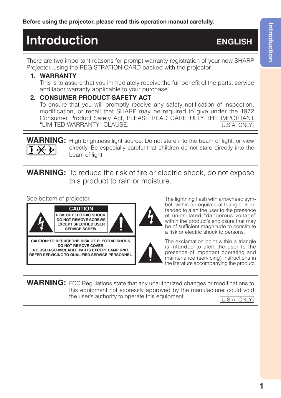 Introduction, English, Warning | Sharp Notevision XR-32X User Manual | Page 5 / 73