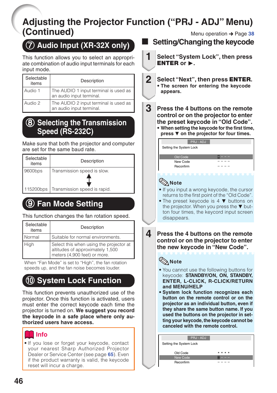 66 monitor output, 00 system lock function, 99 fan mode setting | 77 audio input (xr-32x only), A setting/changing the keycode | Sharp Notevision XR-32X User Manual | Page 50 / 73