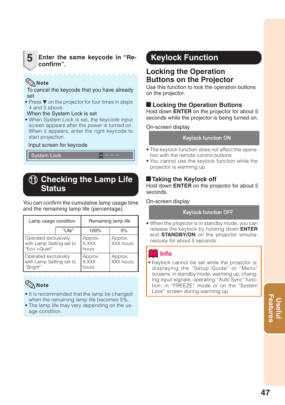 Keylock function, Checking the lamp life status, Locking the operation buttons on the projector | Useful features | Sharp Notevision XR-32X User Manual | Page 51 / 73