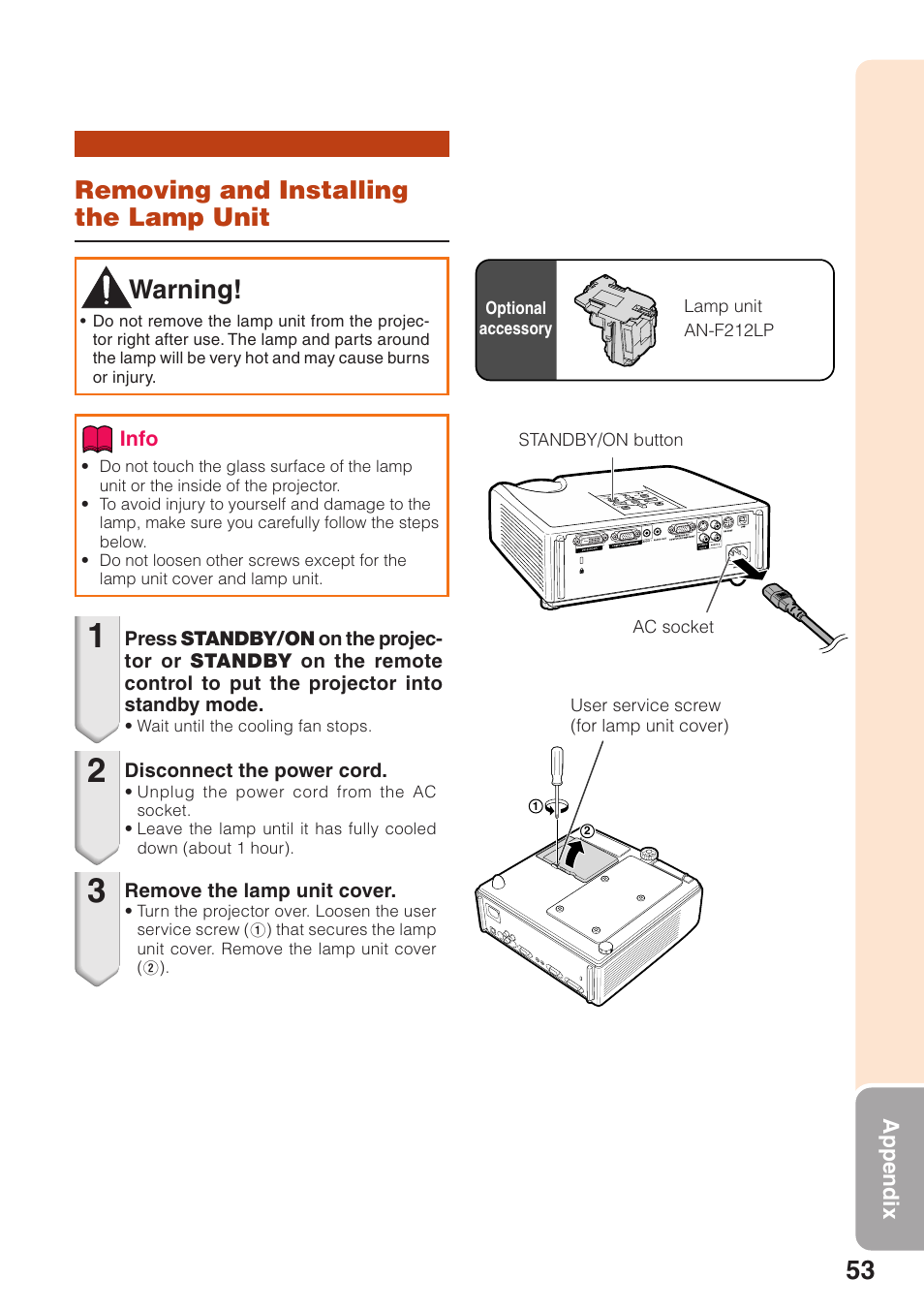 Warning, Removing and installing the lamp unit | Sharp Notevision XR-32X User Manual | Page 57 / 73