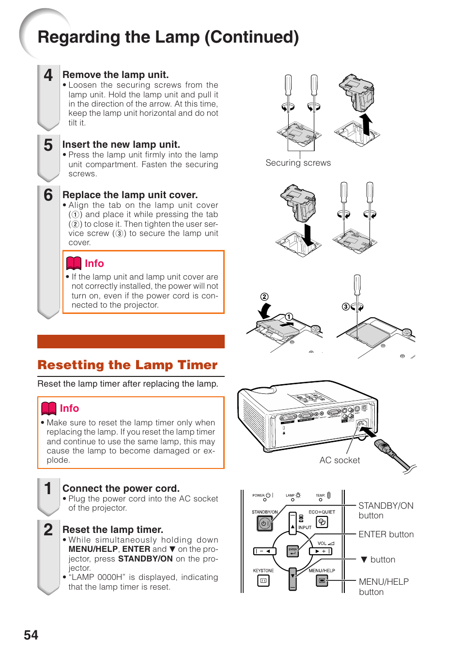 Regarding the lamp (continued), Resetting the lamp timer | Sharp Notevision XR-32X User Manual | Page 58 / 73