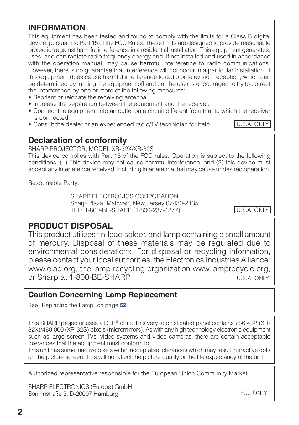 Information, Declaration of conformity, Product disposal | Caution concerning lamp replacement | Sharp Notevision XR-32X User Manual | Page 6 / 73