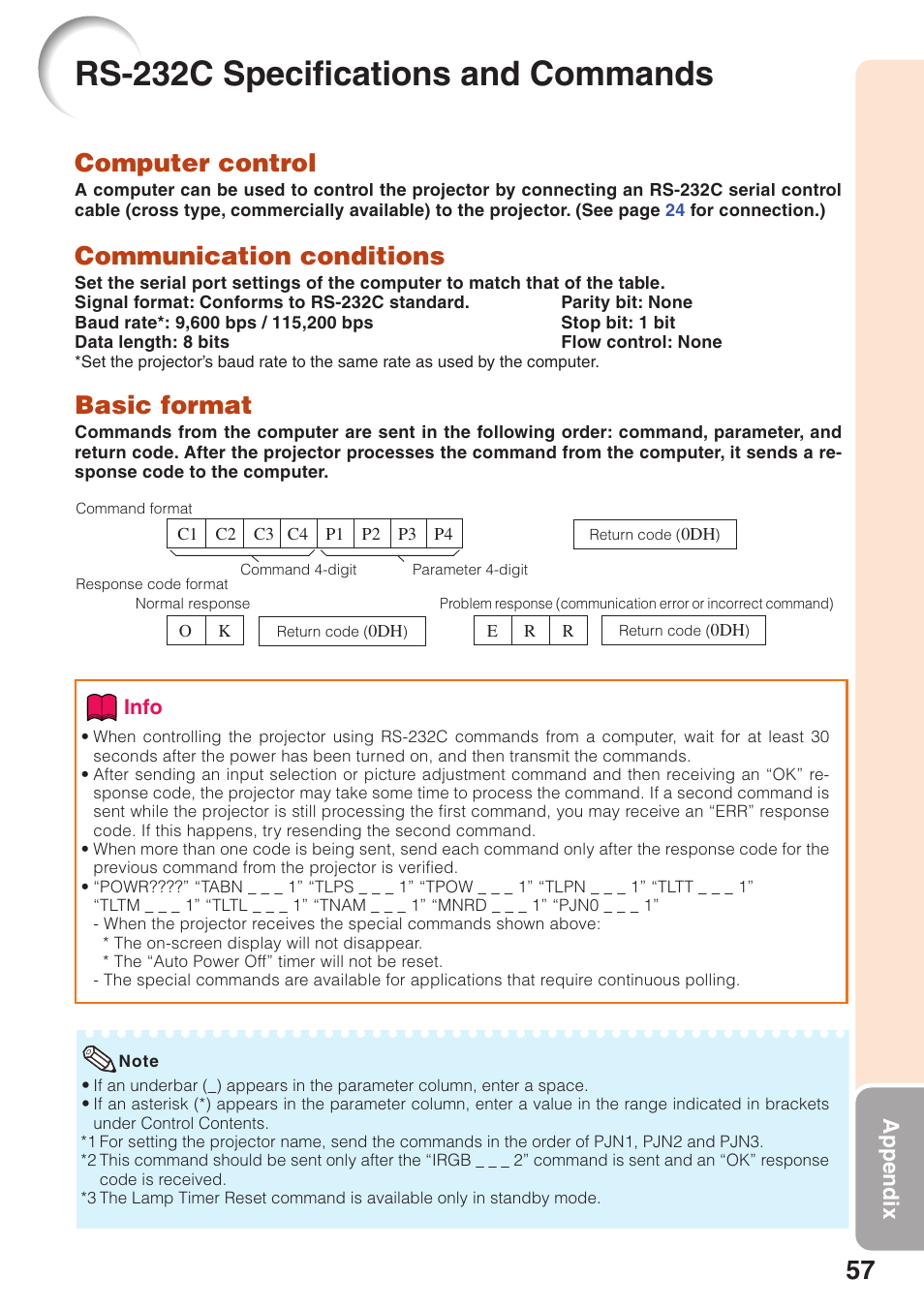 Rs-232c specifications and commands, Computer control, Communication conditions | Basic format, Appendix | Sharp Notevision XR-32X User Manual | Page 61 / 73