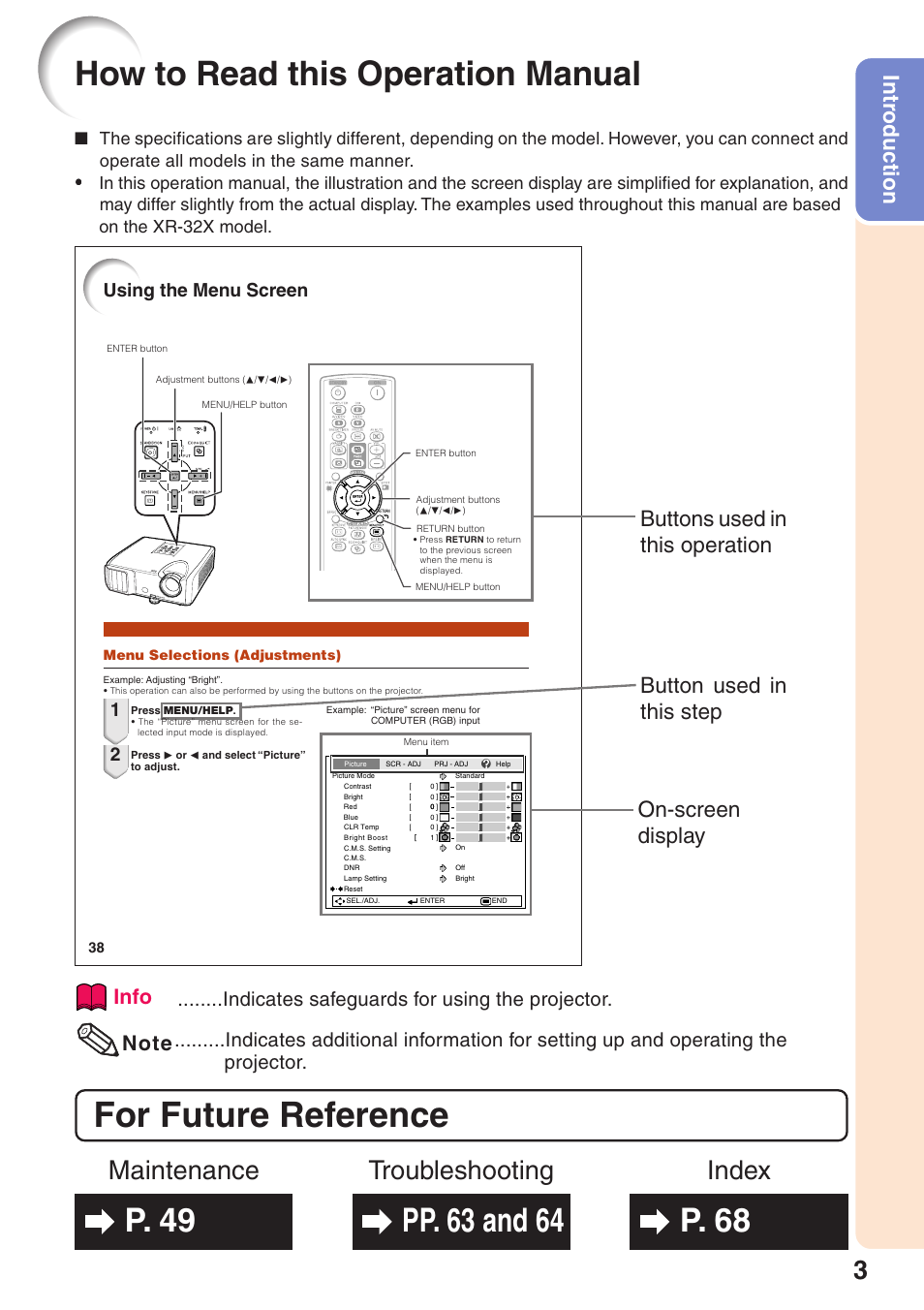 For future reference, How to read this operation manual, Index maintenance troubleshooting | Intr oduction, Info, Indicates safeguards for using the projector, Using the menu screen | Sharp Notevision XR-32X User Manual | Page 7 / 73