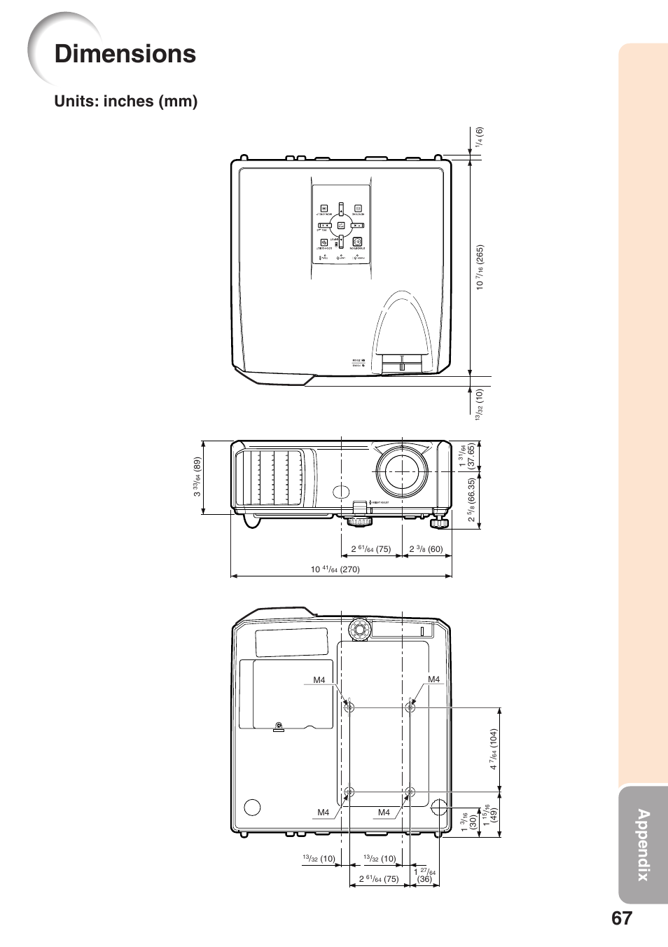 Dimensions, Appendix, Units: inches (mm) | Sharp Notevision XR-32X User Manual | Page 71 / 73