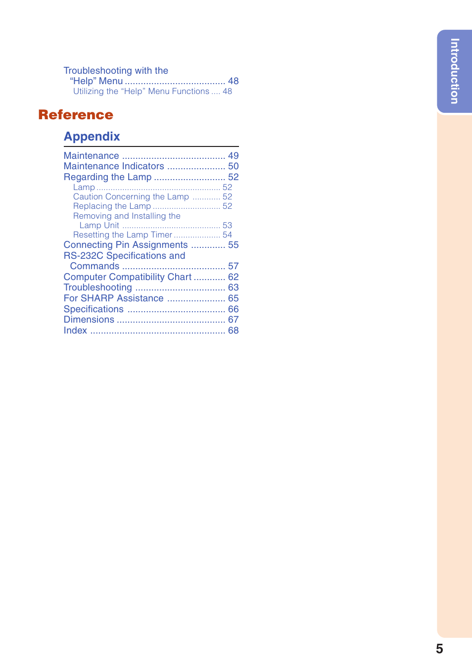 Reference, Appendix | Sharp Notevision XR-32X User Manual | Page 9 / 73