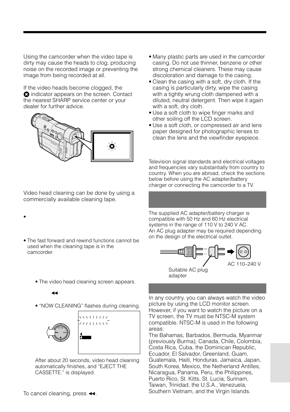 Dirty video heads, Using a cleaning tape (commer- cially available), Cleaning | Using your camcorder abroad | Sharp VL-WD255U User Manual | Page 107 / 124
