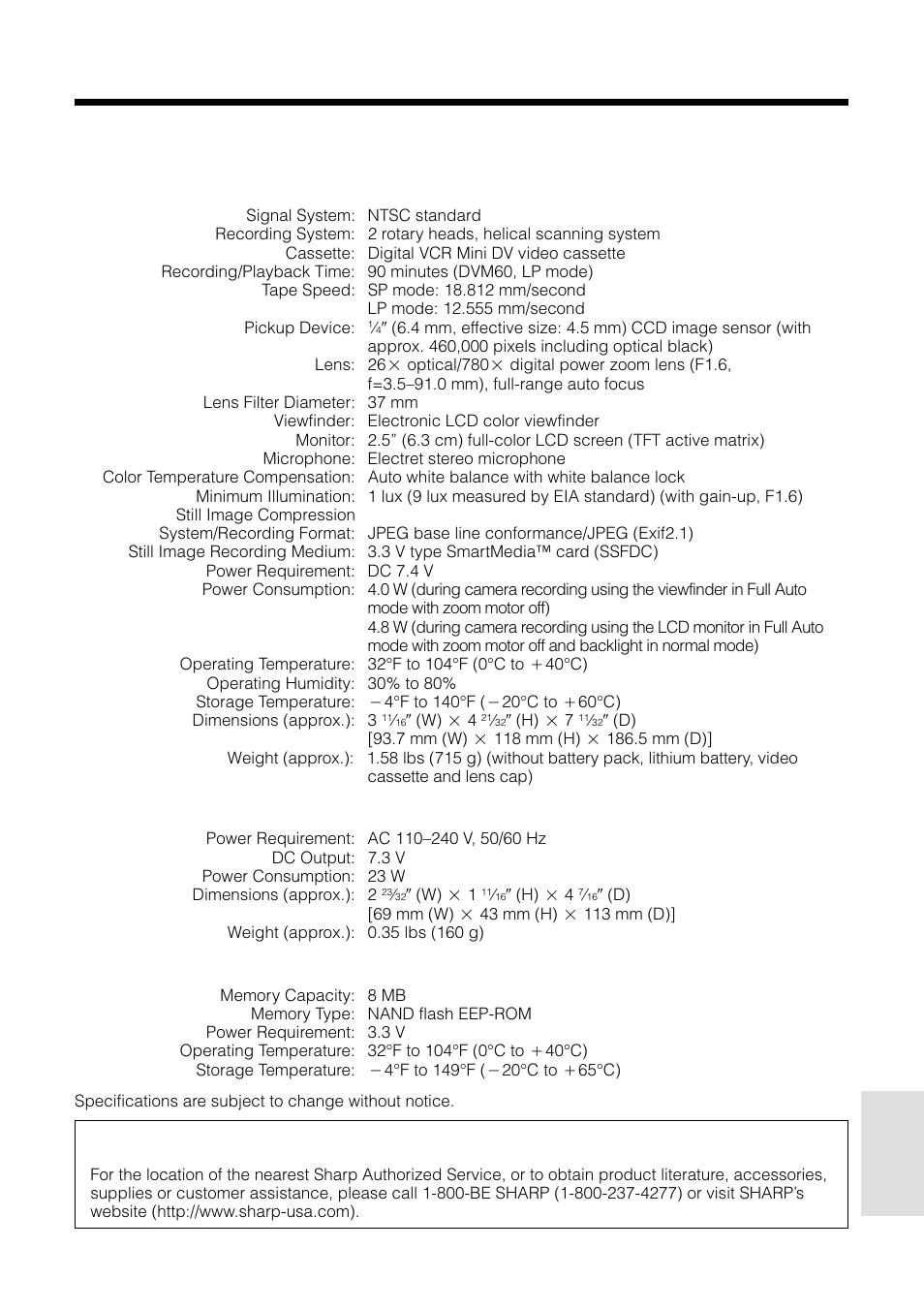 Specifications, Service information (for the u.s.) | Sharp VL-WD255U User Manual | Page 111 / 124