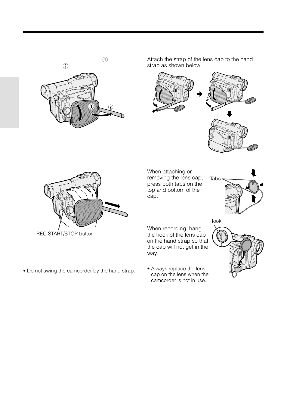 Adjusting the hand strap 1, Using the lens cap | Sharp VL-WD255U User Manual | Page 32 / 124